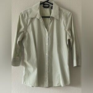 Eddie Bauer Dress Shirt Size L 3/4 Sleeve Striped Light Green Stretch